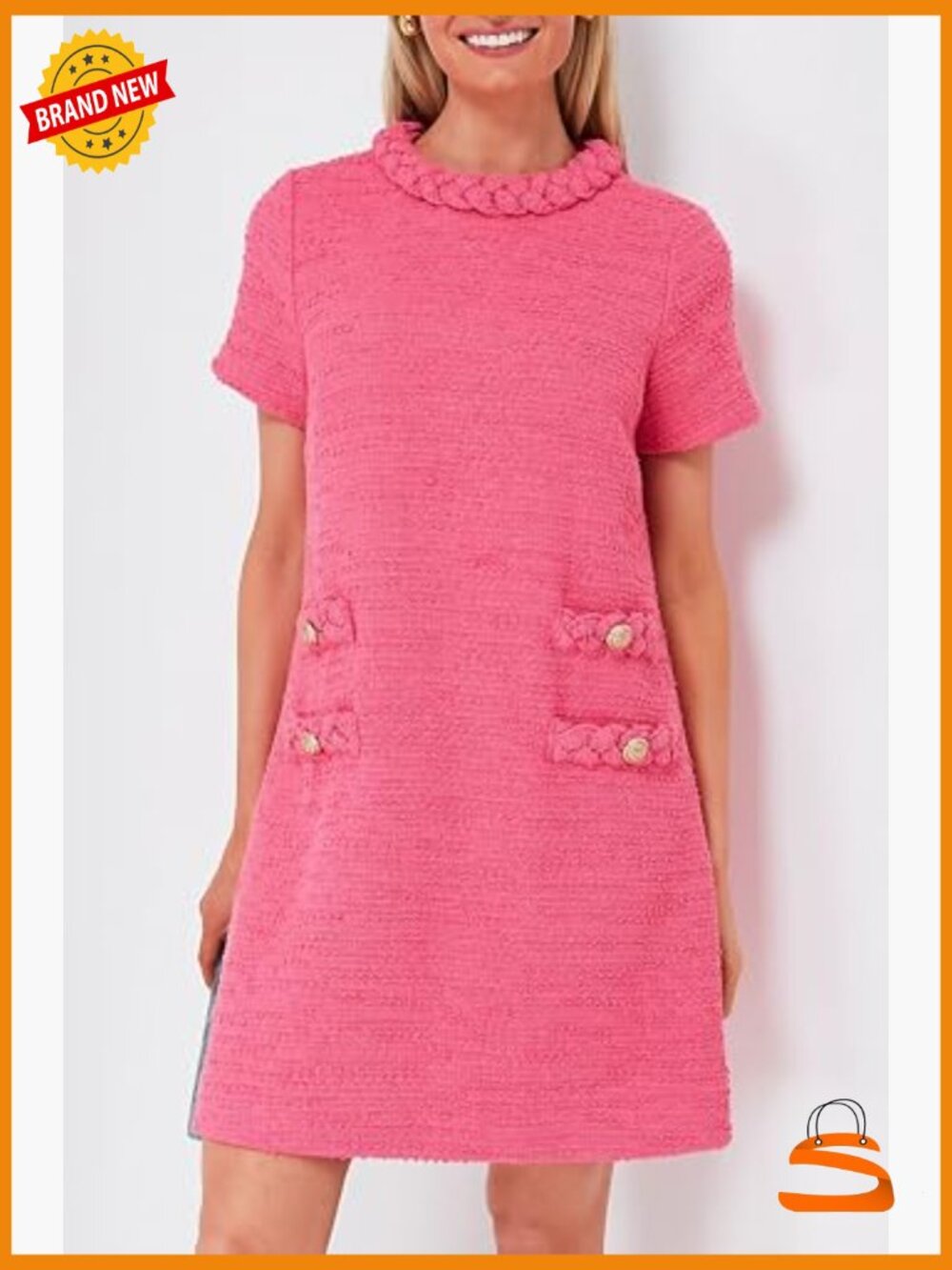 Tweed Jackie Dress - Short Sleeve, Crew Neck, Button Detail Bodycon Mini - Picture 4 of 7